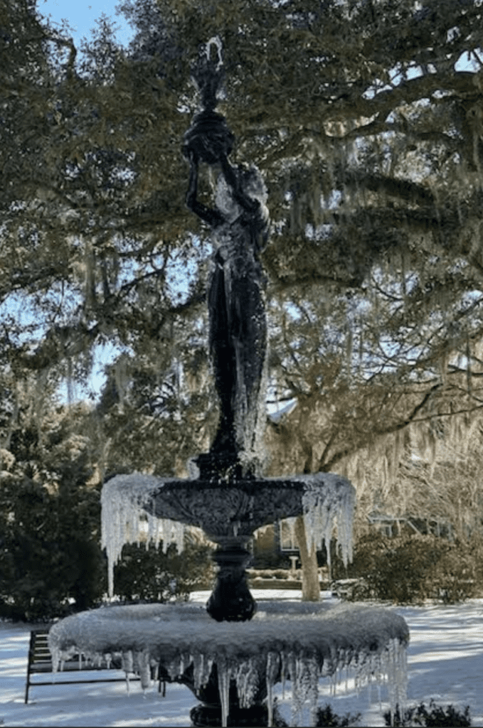 The Garden Keeper fountain, frozen in time.